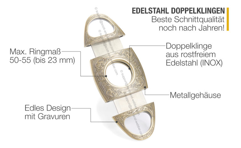 Zigarrenschneider Aus Edelstahl – Doppelklingen Guillotine, Mit Ledertasche, Bis 60 Ring